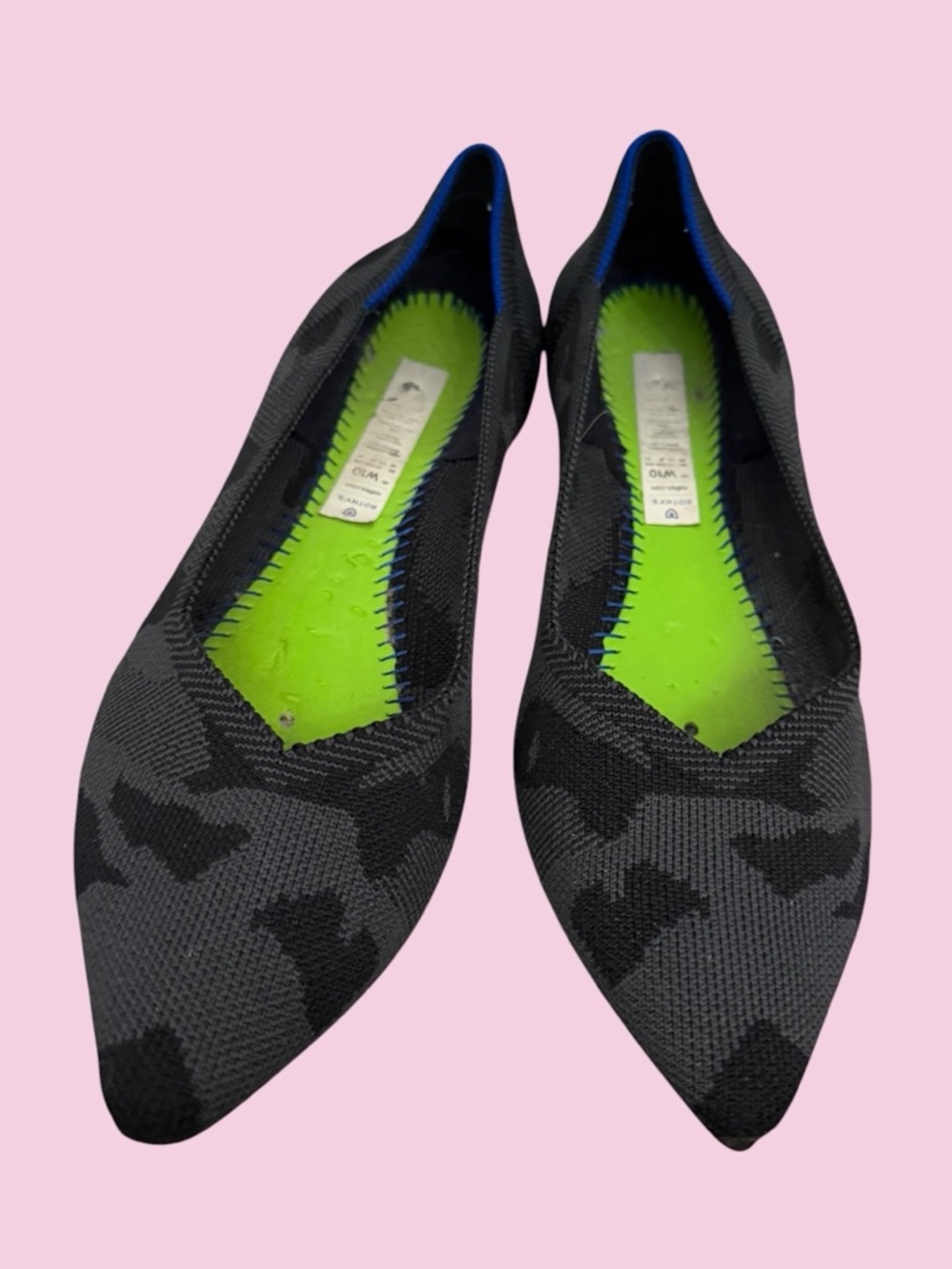 🎀ROTHY’S🎀Pointed Toe Flats🎀Gray Black Camo🎀Washable🎀Size 10🎀